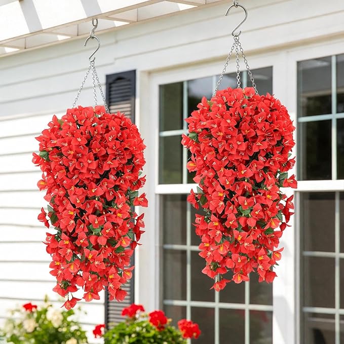 ATTGREAT Artificial Bougainvillea for Outdoors Faux Plants UV Resistant Flowers Fake Plastic Plants Realistic Silk Flowers for Porch Planter Garden Outside Hanging Decoration, 2Pcs (Red)