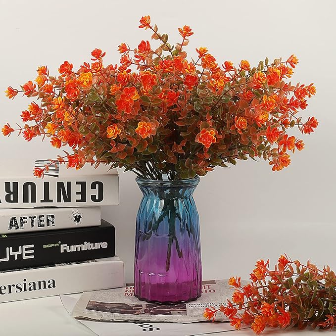 12 Bundles Artificial Outdoor Flowers UV Resistant Fake Plastic Plants No Fade Faux Fall Flowers for Hanging Planter Garden Porch Patio Window Box Wedding Thanksgiving Halloween Decor(Green Orange)