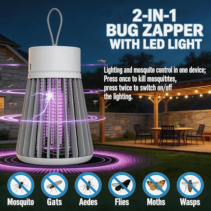 Bug Zapper Outdoor and Indoor Mosquito Zapper, Hanging Rechargeable Mosquito Killer Lamp - Portable UV Insect Trap for Indoor/Outdoor, USB-Powered with Grid for Camping, Bedroom, Patio, Kitchen