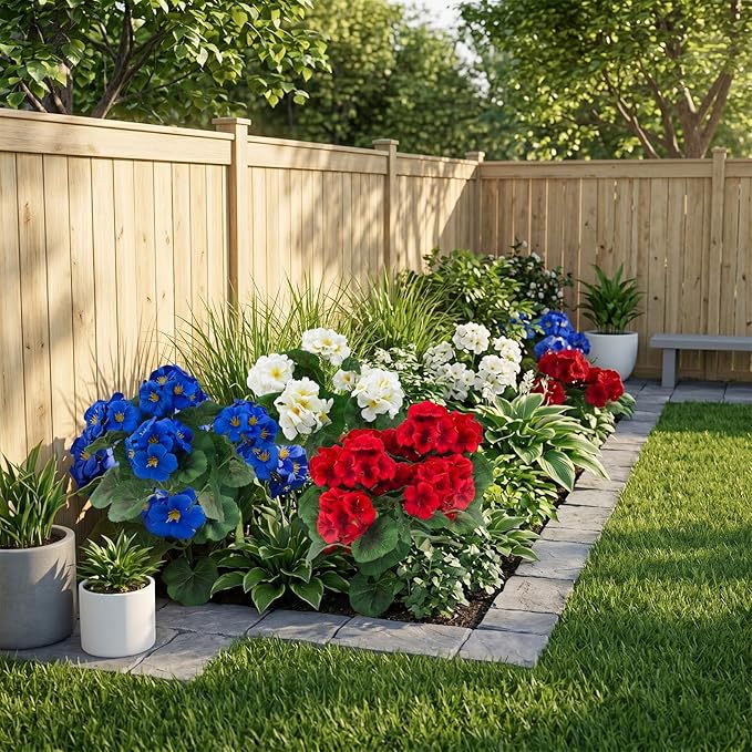 Hananona 12 Pcs Artificial Geranium Flowers for Outdoors Geranium Silk Red White Blue Flowers Outdoor UV Resistant Plants Faux Patriotic Flowers for 4th of July Home Decor (12, RedWhiteBlue)