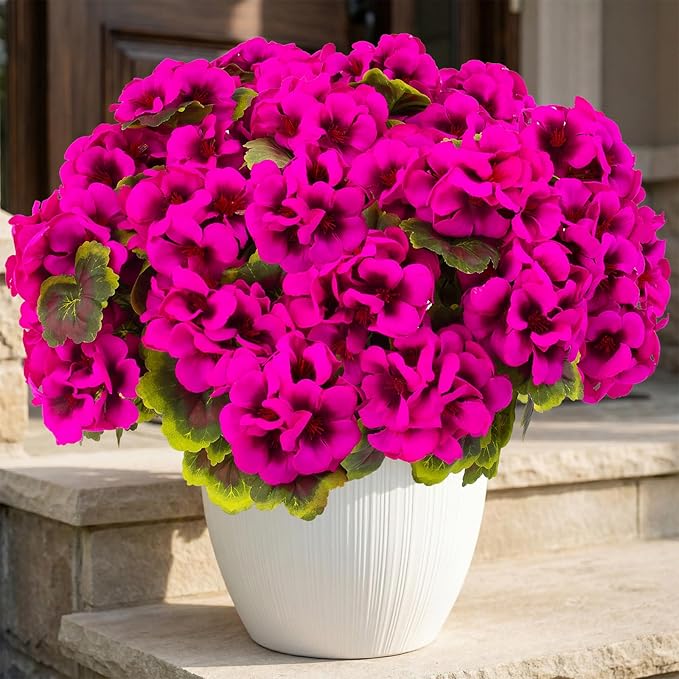 lovemoon 16 Pcs Artificial Geranium Plant Realistic Silk Flowers for Outside UV Resistant Faux Geraniums Flowers for Indoor Outdoor Home Garden Office Decoration (16, Rose Red)