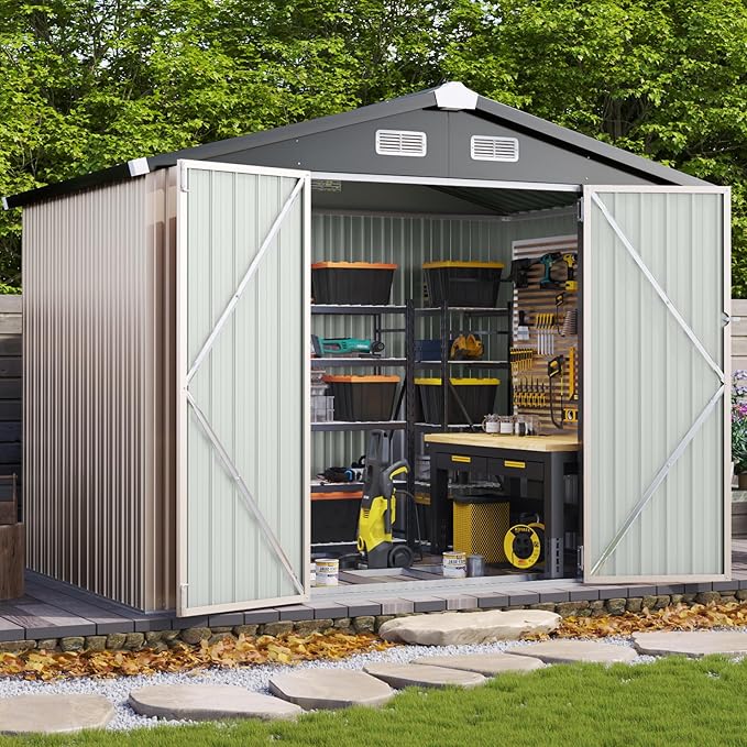 Aoxun 8'x6' Outdoor Storage Shed with Base Galvanized Steel Metal Garden Shed for Patio, Lawn & Garden Brown
