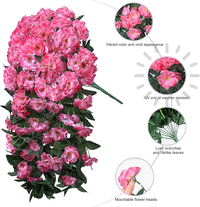 Ivydale Fake Geraniums Artificial Flowers for Outdoors Spring Plants Decor, 2 PCS Red Faux Hanging Flowers Outdoor Realistic Silk Geraniums Vines UV Resistant for Outside Planters Porch Patio Garden