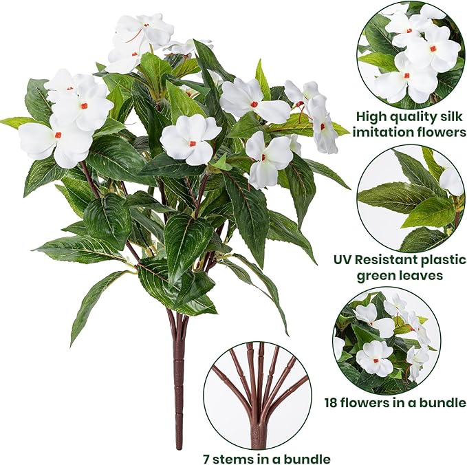 Nigirior Artificial Fake Flowers for Outdoor Décor 6 Bundles UV Resistant Fake Plants for Planter Faux Impatiens for Home Porch/Garden Stunning（Yellow/White）