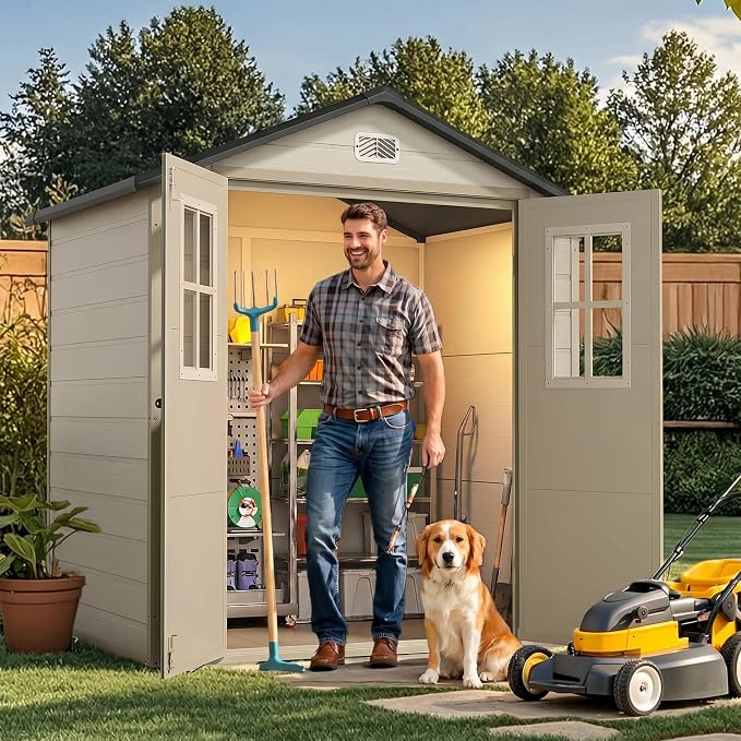 DWVO 6x4.4 FT Outdoor Storage Shed, Plastic Garden Tool Shed with 2 Windows, Double-Wall Outside Shed for Lawn Mower, Garden Shed for Backyard Patio, Lockable, Greige&Gray