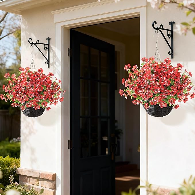 GLIDLION Artificial Flower & Eucalyptus with Hanging Basket - 2PCS Faux UV Sun Resistant Morning Glory in Planter, Fake Colorful Silk Flowers for Spring Summer Porch Patio Balcony Yard Decor (Red)