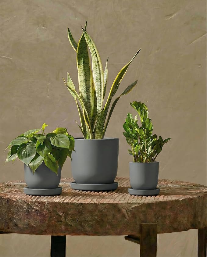 Bamworld Plant Pots Planters for Indoor Plants Flower Pots with Drainage Holes 5/6/7.5 Inch Set of 3 Plastic Planters for Outdoor Plants Garden Pots for Office Room Home Decor Gray