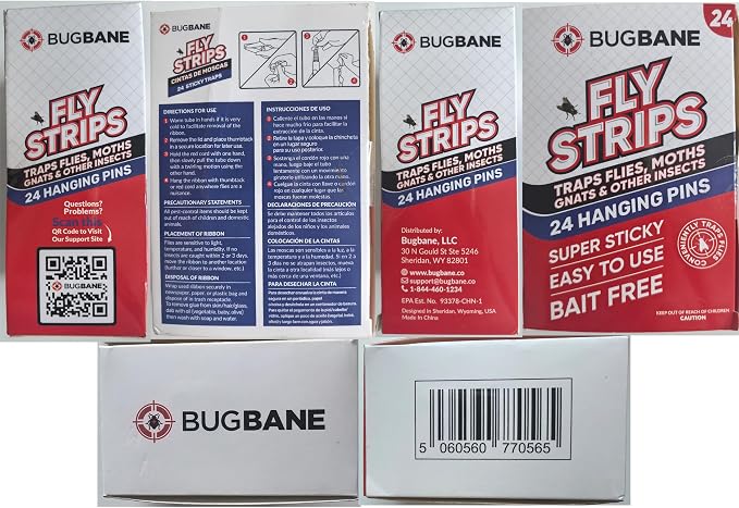 Fly Strips Indoor Sticky Hanging 24pk with Pins. Non Toxic Outdoor Fly Trap Indoor for Home. Flies Tape Paper Trap Ribbon Roll for House Gnat Fruit and Housefly. Bug Catchers for Inside Home Flypaper.