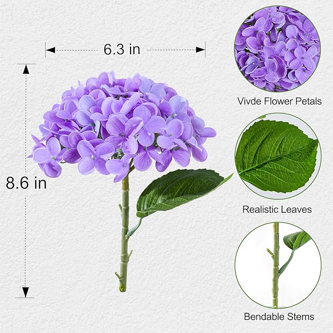 Artificial Hydrangea Flowers Arrangement in Wood Planter, 4PCS Fake Purple Flowers in Wooden Vase Potted Floral Centerpieces for Tables Living Room Home Office Room Shelf Kitchen Decor