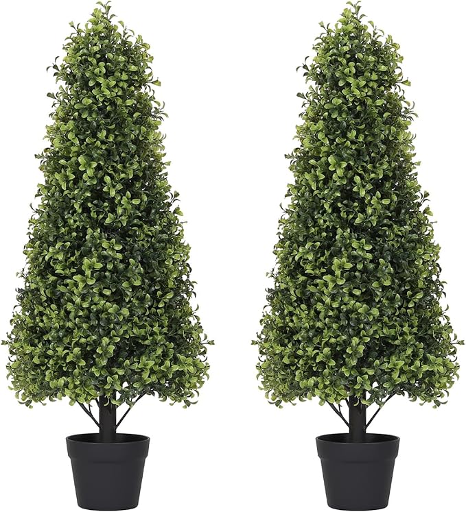 3ft Artificial Boxwood Topiary Trees (Set of 2) - UV Resistant Faux Plants Outdoor, Realistic 36in Fake Cone Bushes and Shrubs for Front Porch, Planter, Patio, Evergreen