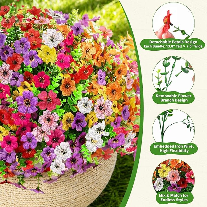 Artificial Outdoor Flowers, Realistic UV Resistant Waterproof Faux Plants, Full Looking Fake Flowers for Porch Planters Hanging Baskets Garden Patio Yard Outdoor Decor, 20 Bundles 7 Colors