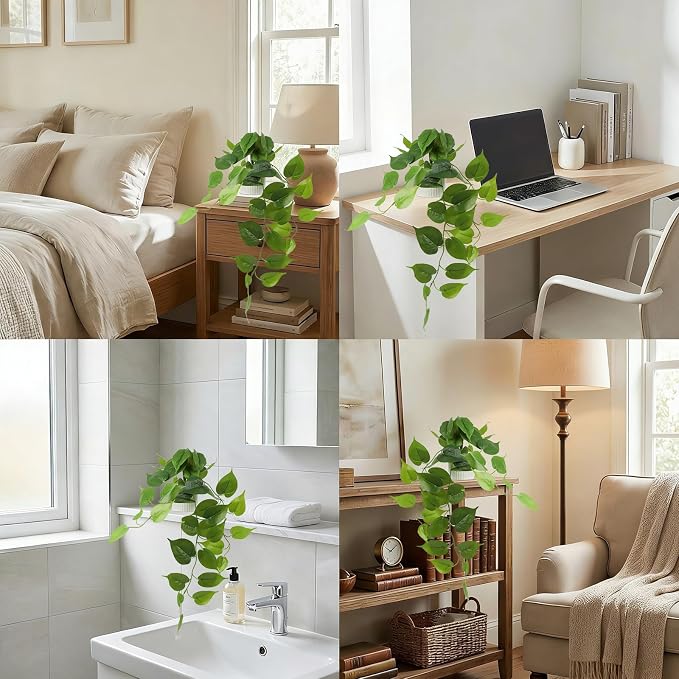 Fake Pothos Hanging Plant – Artificial Plastic Ivy Vines with White Pot, Realistic Faux Greenery for Indoor Home Office Bathroom Shelf Cabinet Decoration