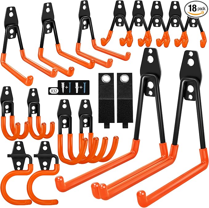 18 Pack Garage Hooks Heavy Duty - Anti-Slip Coating， Garage Storage Hooks for Hanging Bike，Ladder，Garden Tools，Hose