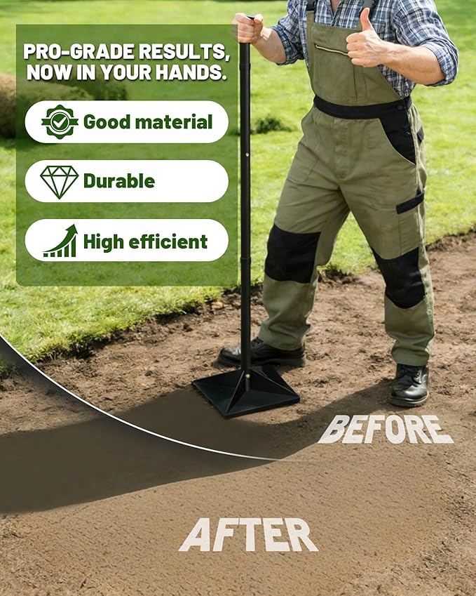 Steel Tamper Tool, 8''x8'' Heavy Duty Hand Tamper for Soil Compaction, 48" Adjustable Handle with Non-Slip Grip, Ground Dirt Tamper for Landscaping, Patio, Asphalt Repair with Gloves