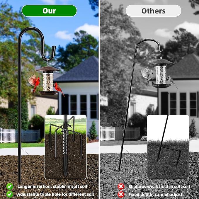 COCONUT 78" Heavy Duty Shepherds Hooks for Outdoor, Bird Feeder Pole with 5 Prong Base, Adjustable Height Shepherds Hook for Hummingbird Feeder, Bird Feeder, Plant, Wind Chimes, Lanterns (1 Pack)