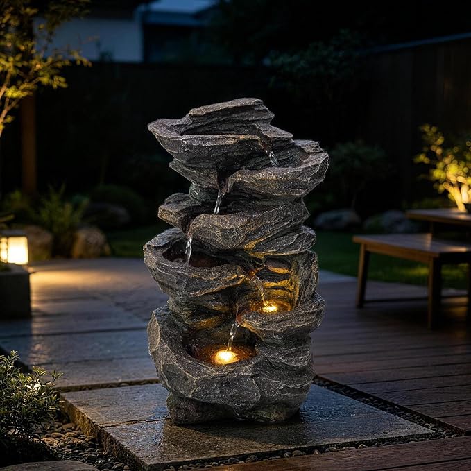 Solarbloom 18.8" H Garden Fountains Outdoor,6-Tier Spiral Cascading Stacked Waterfall Fountain with LED Lights, Freestanding Resin Water Feature for Patio Garden Backyard Deck Home Decor