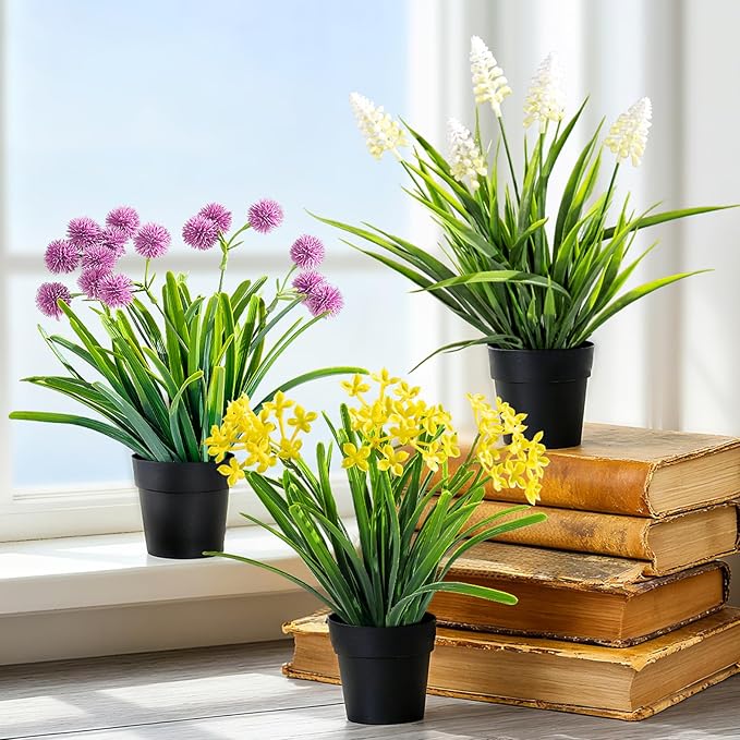 3 Pack Fake Small Plant Artificial Potted Flowers for Home Decor Fake Flower Plant Greenery Mini Faux Plant for Indoor Bedroom Living Room Office Shelf Bathroom Farmhouse Decor (Type 10)