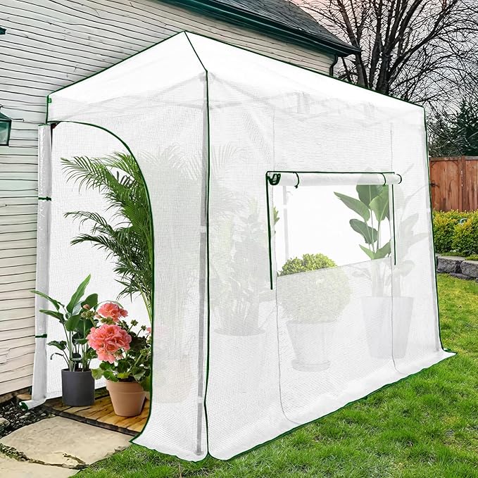 EAGLE PEAK 10x5 Portable Walk in Greenhouse, Pop Up Indoor Outdoor Greenhouse, Green House Kit with Zippered Roll-Up Doors and Windows, Lean-to Design, PE Cover, Clear/White