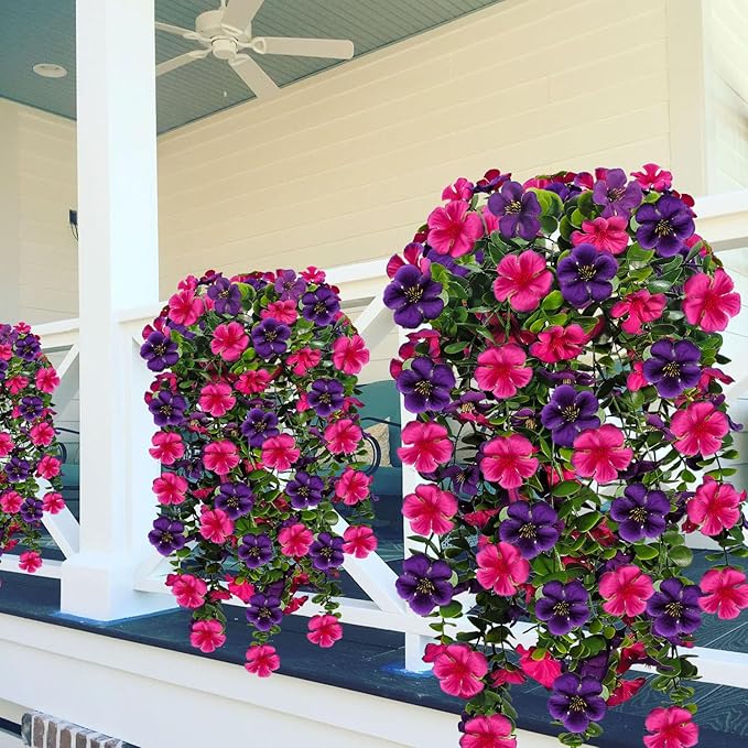 Artificial Geranium Hanging Flowers for Outdoor Decoration, 2 Bundles UV Resistant Silk Geranium Fake Plants Faux Flowers for Front Porch Garden Patio Window Box Decor (Purple, Purple red)