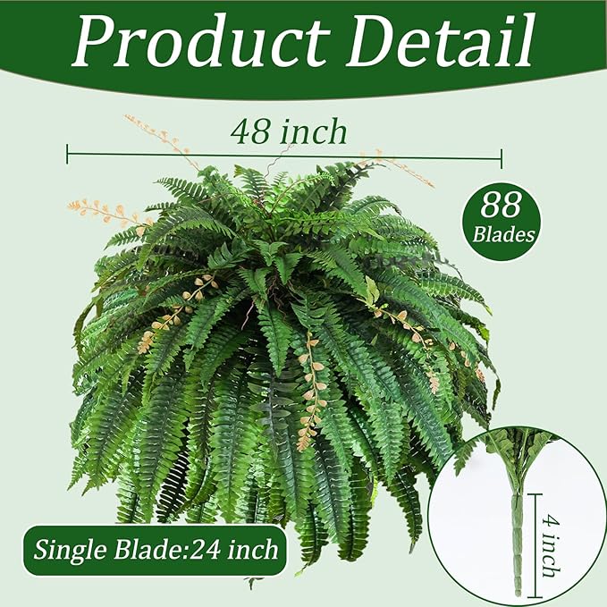 2pcs 48in 88 Blades Artificial Boston Ferns for Outdoors Large, UV Resistant Faux Outdoor Plants,Weatherproof Fake Ferns Plants Outdoor Indoor for Garden Porch Patio Home Decor