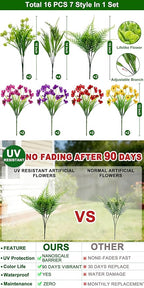 Artificial Flowers for Outdoors, UV Resistant No Fade 16 Bundles 7 Styles Fake Flowers Outdoor Faux Plant Colorful Daisy Boston Fern Lavender Cemetery Flowers for Outside Porch Patio Indoor Home Decor