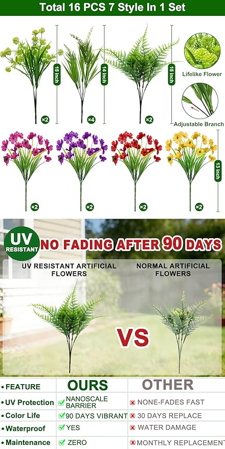 Artificial Flowers for Outdoors, UV Resistant No Fade 16 Bundles 7 Styles Fake Flowers Outdoor Faux Plant Colorful Daisy Boston Fern Lavender Cemetery Flowers for Outside Porch Patio Indoor Home Decor