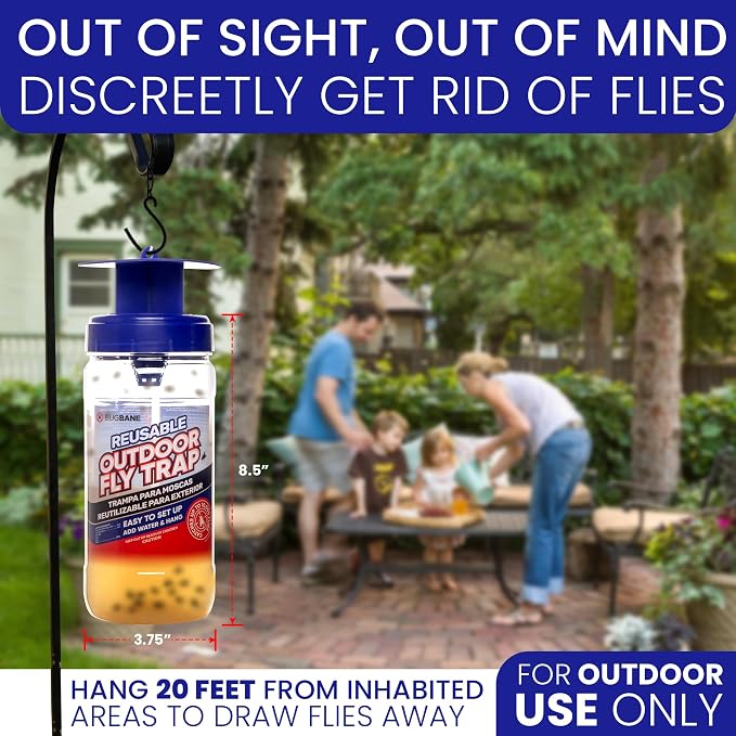 2 Fly Traps Outdoor Fly Trap for Patio with 4 Non-Toxic Dissolvable Bait Refills. Reusable Hanging Bug Catcher Killer for All Filth Flies for Outside Bug Control Yard Ranch. Hanging Chains Included.