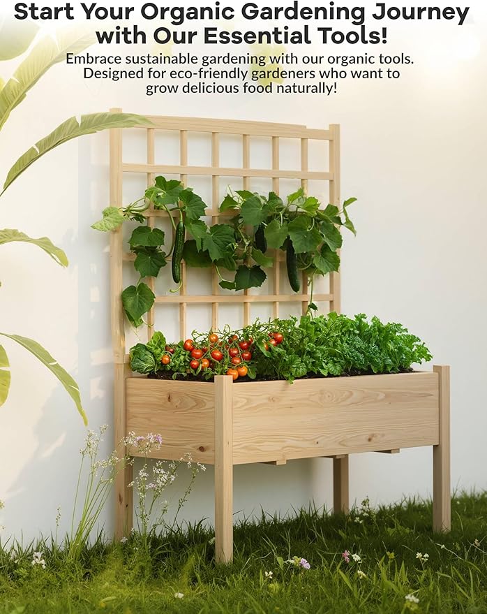 Garvee Wooden Raised Garden Bed with Trellis, 46.46x23.23x65.35IN Elevated Planter Box with Legs for Climbing Plants, Vegetables & Flowers