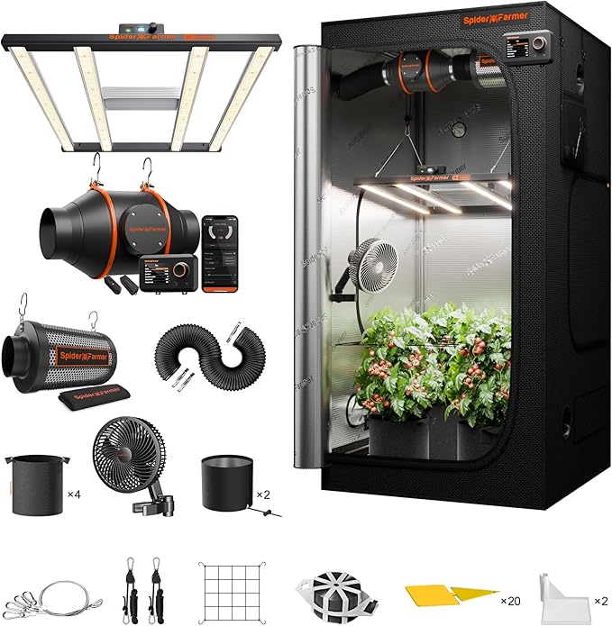 Spider Farmer G3000 Grow Tent Kit Complete 3x3x6ft, 300W Dimmable Bar Style LED Grow Lights 36"x36"x70" Tent Kit 4" Ventilation System with GGS Controller
