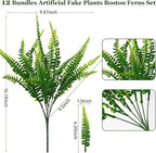 12 Bundles Artificial Fake Plants for Outdoor Faux Boston Fern for Home Decor UV Resistant Fake Plants Greenery for Front Porch Planter Indoor or Outdoor (Green)