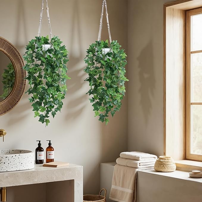 DREAMLOOM Fake Hanging Plants with Pot, Artificial Ivy Hanging Plants with Macrame Hanger for Indoor Decor, Fake Hanging Vines Faux Greenery for Home Kitchen Office