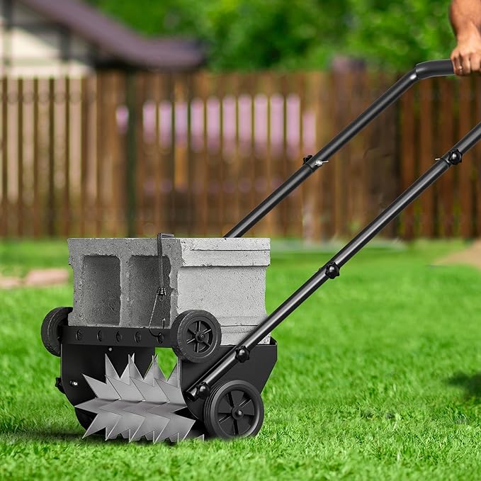 Lineware 18-Inch Lawn Aerator,Heavy Duty Push Spike Aerator with 4 Wheels,Aerator Lawn Tool with Steel Handle, Manual Aerator Lawn Tool with Foam Armrests, Suitable for Lawn, Garden and Yard