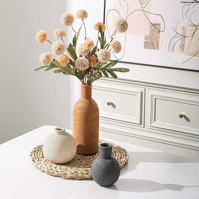 Ceramic Vase Set, Small Rustic Distressed Flower Vases in Pottery Decor, Modern Boho Farmhouse Decor for Pampa Grass, Dried & Fresh Flower, Decorative Vase for Living Room, Kitchen, Entryway, Rust Red