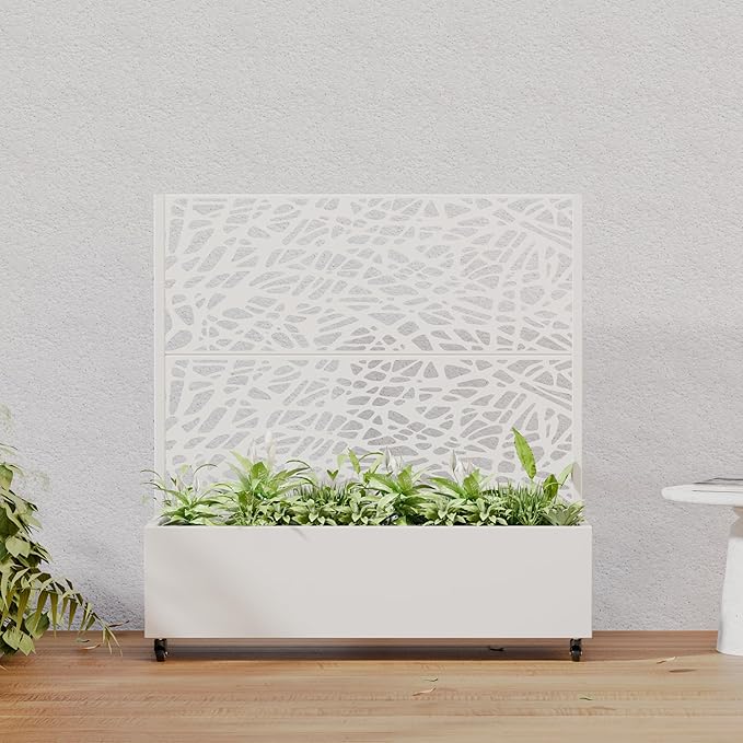 Casaphoria Metal Raised Garden Bed with Trellis and Wheels, 47"x47"x16" Planter Box for Climbing Plants, Vegetables & Vines, Features Drainage Holes and Privacy Screen, White-Net