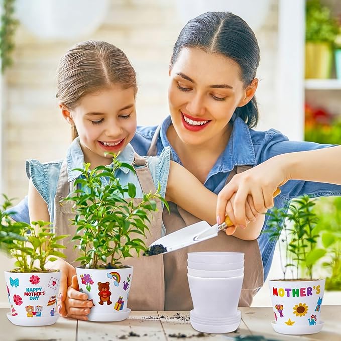 Domensi 30 Pack Garden Pot Craft Kit 4 Inch DIY Happy Mother's Day Crafts for Kids Bulk Small Plastic Flower Plant Pot Plastic Planter with Tray Drainage Holes with Tag, Certificate of Award, Sticker