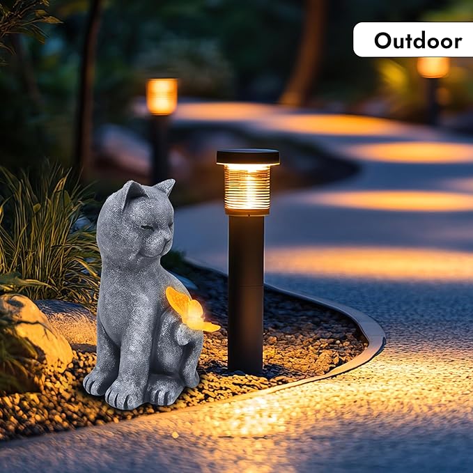 Gift Boutique Cat Outdoor Statues with Solar Butterfly Light Cute Garden Figurine for Yard Patio Lawn Pathway Decor Waterproof Resin Cat Sculpture