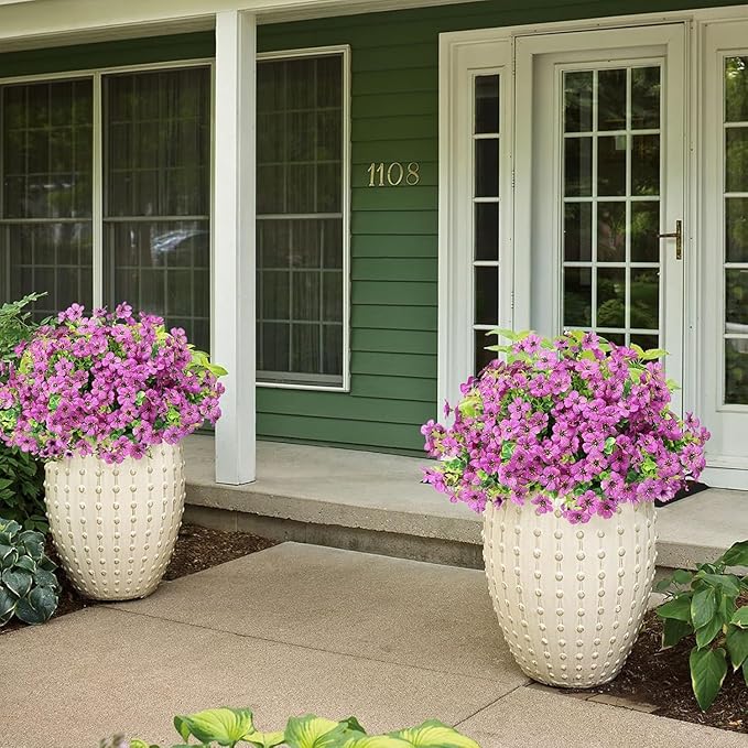 ATTGREAT Artificial Flowers Outdoor Faux Plants UV Resistant Fake Patio Flowers Plastic Greenery Plnats Outside Bulk for Spring Garden Hanging Planter Home Vase Decor, 24 Bundles (Purple)