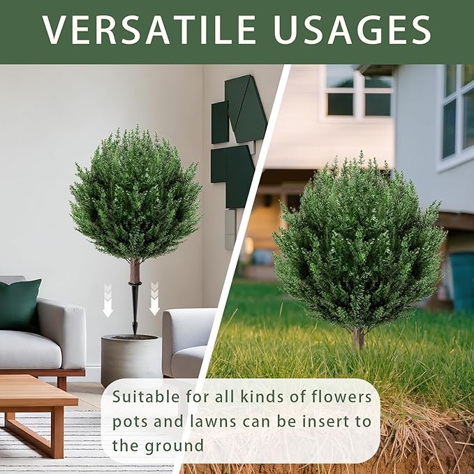 2 Pack 2FT Artificial Cedar Topiary Trees with Ground Spike, Fake Pine Shrubs Bushes, UV Resistant Faux Evergreen Cypress Tree Plants for Indoor Outdoor Planters Front Porch