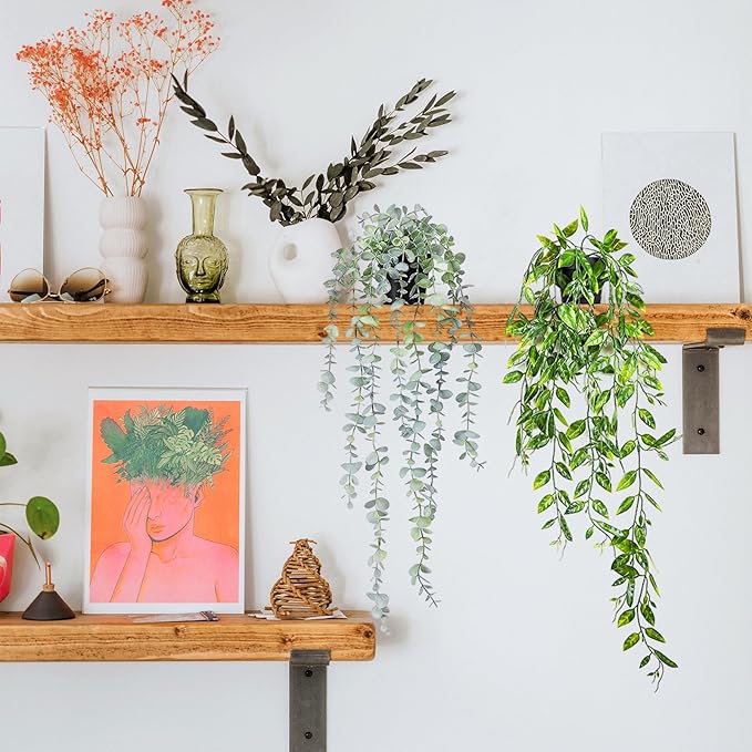 2 Packs Fake Potted Plants Artificial Hanging Plant with Black Pot Faux Hanging Potted Flowers Faux Pathos Vine Plant - Ideal for Shelf Decor Home Office Indoor Decoration (Eucalyptus + Dutch bean)