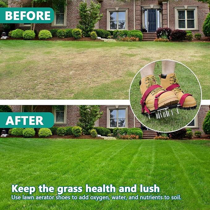 Lawn Aerator Shoes for Grass - Pre-Assembled Grass Aerator Shoes for Lawn - Soil Yard Aerator Tool for Aerating Patio Garden, Red, Medium Size