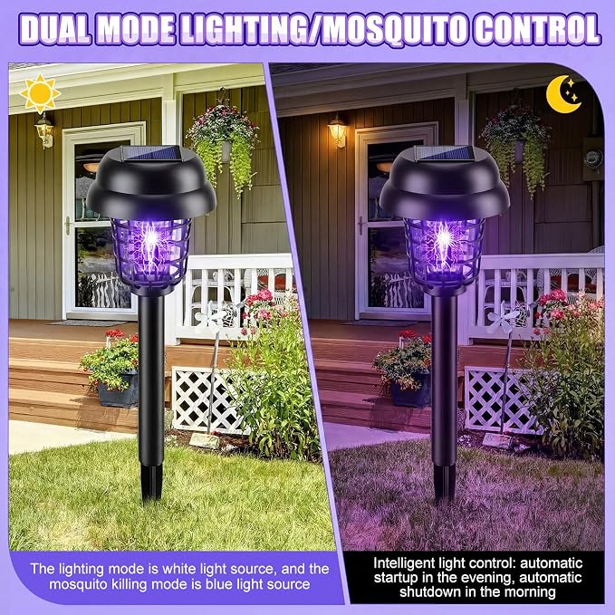Qualirey 4 Pcs Solar Mosquito Zapper Outdoor Waterproof Solar Powered Bug Zapper Outdoor Mosquito Killer Lamp Trap Repellent Light for Garden Yard Insect (Purple and White Light,Black)