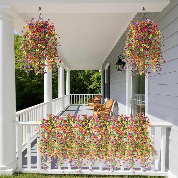 Artificial Hanging Flowers for Outdoors, 2 Pcs Fake Hanging Plants Spring Summer Decor, UV Resistant Faux Silk Daisy Flower for Front Door Porch Planter Patio Yard Garden(Purple Rose Orange Yellow)