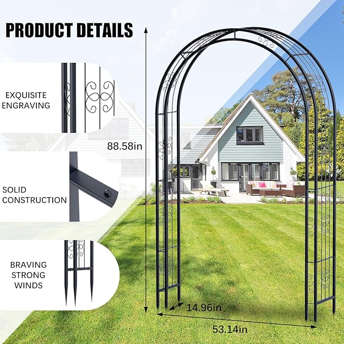 Arbuxzuy 88in Steel Garden Arch Arbor Trellis for Climbing Plants Outdoor,Yard,Garden,Climbing Plants 7ft Decorative Wire Lattice,Outdoor Wedding Arch(Black)