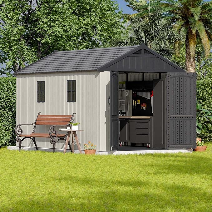 Patiowell 8 x 12 FT Plastic Outdoor Storage Shed with Floor, Resin Shed with Window and Lockable Door for Garden, Backyard, Tool Storage Use, Easy to Install in Beige (Kick-it Shed)