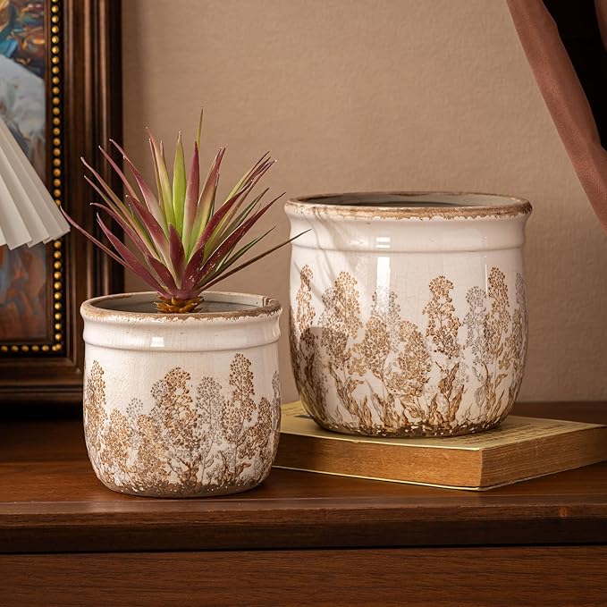 SURE YUESI for Mom from Daughter or Son, Set of 2 Ceramic Planters 4.7” & 5.7”, Vintage Brown Rustic Flower Pots Without Drainage Hole, Decorative Indoor Plant Pots for Home Decor, Living Room