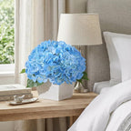 Artificial Hydrangea Flowers Arrangement in Wood Planter, 4PCS Fake Blue Flowers in Wooden Vase Potted Floral Centerpieces for Tables Living Room Home Office Room Shelf Kitchen Decor