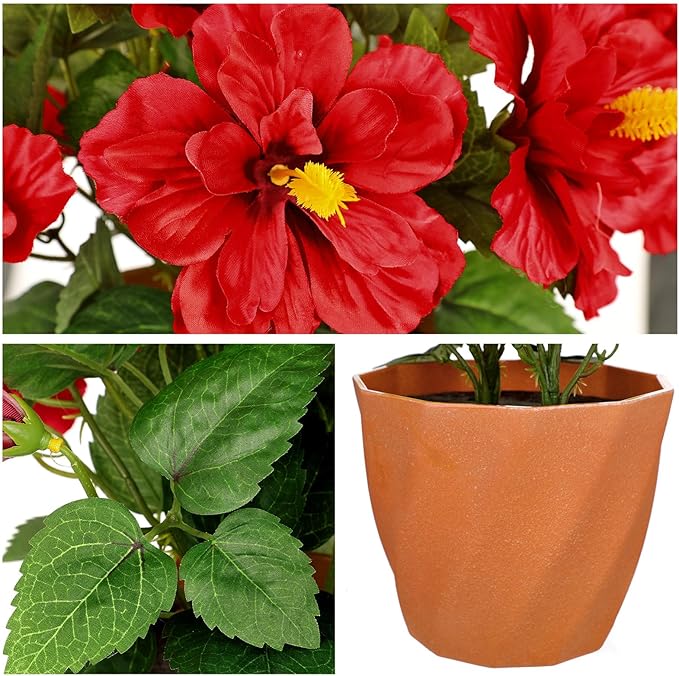 Briful Artificial Hibiscus Flowers in Pot, 14.1" Faux Tropical Flower Plant for Outdoor Porch, Potted Red Hibiscus Tabletop Decor for Living Room, Dining Table, Kitchen, Office, Indoor Home Décor