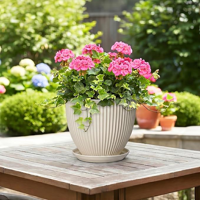Ceramic Flower Pots, 8 Inch Plant Pot with Drainage Hole and Saucer, Modern Planters for Indoor Plants, Round Indoor Pots for Plants, Office Home Decor, Plant Lover Gifts, Cream White