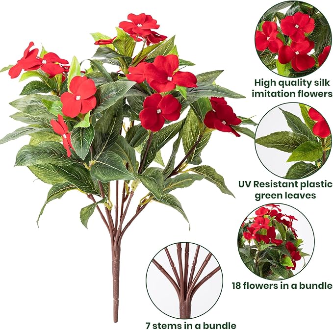 Nigirior Artificial Fake Flowers for Outdoor Décor 6 Bundles UV Resistant Fake Plants for Planter Faux Impatiens for Home Porch/Garden Stunning（Red）