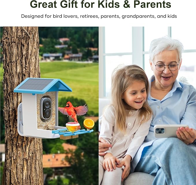 Smart Bird Feeder with Camera: Solar Powered Birdhouse with AI Recognition, Wireless Bird House with Camera for Outdoor, Unique Birthday Gifts for Mom Dad - Blue